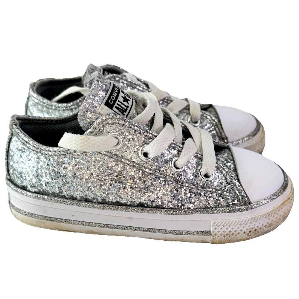 Converse All Star Low Glitter Sneakers Toddler Size 7 Silver Lace Up Walking